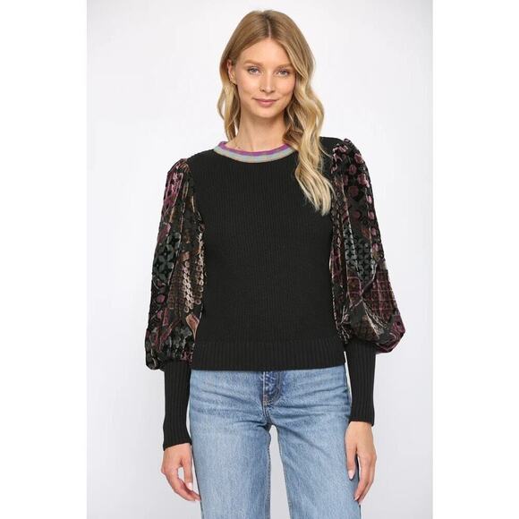 NWT Fate Black Burnout Velvet Mutton Sleeves Novelty Sweater Size Large - Picture 1 of 8